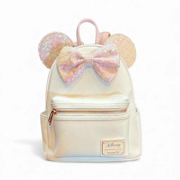 Loungefly Handbags - Loungefly Disney White Minnie Ears Sequin Iridescent Mini Backpack Bow Coquette